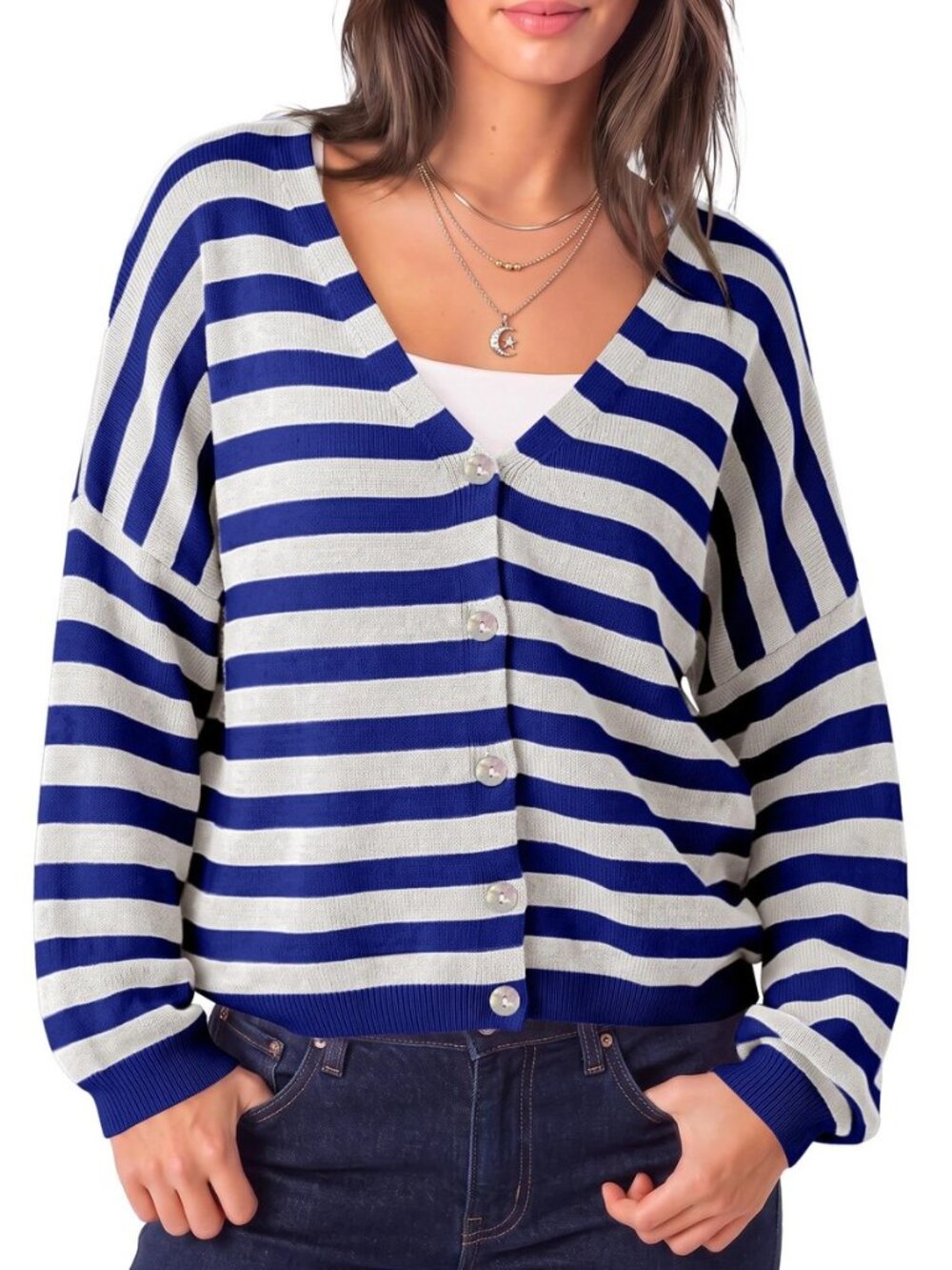 Women's Striped V-Neck Knit Cardigan - Button Down Loose Sweater